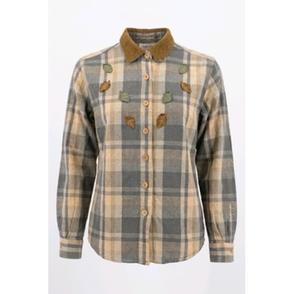 Lemon Grass Shirt Women M Beige Plaid Leaf Embroidered Button Up Flannel Fall